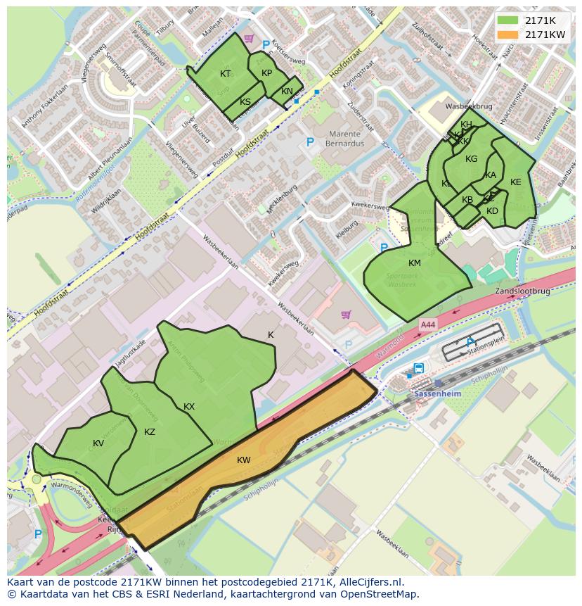 Afbeelding van het postcodegebied 2171 KW op de kaart.