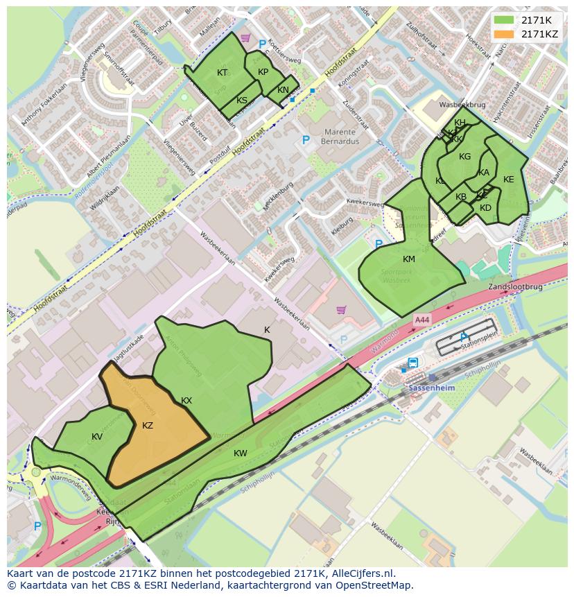 Afbeelding van het postcodegebied 2171 KZ op de kaart.