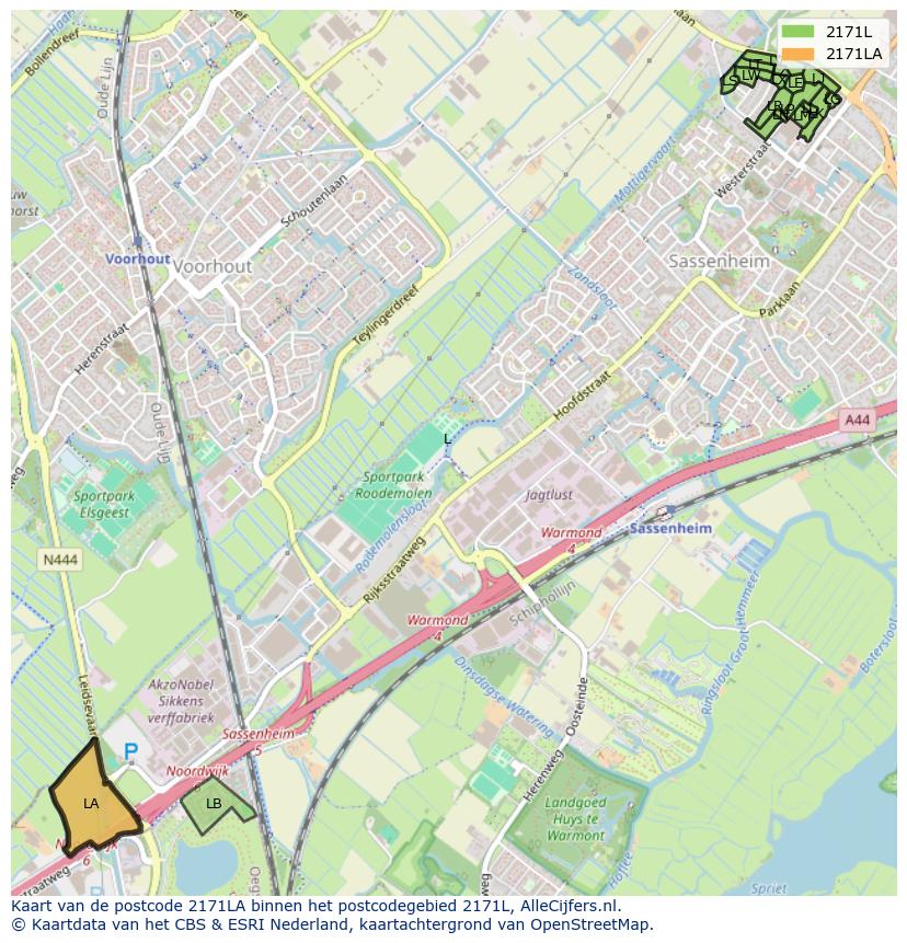 Afbeelding van het postcodegebied 2171 LA op de kaart.
