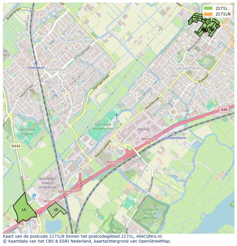 Afbeelding van het postcodegebied 2171 LN op de kaart.