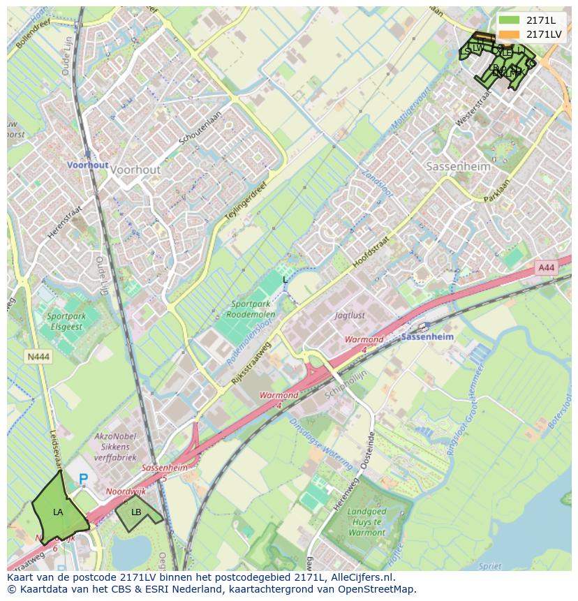 Afbeelding van het postcodegebied 2171 LV op de kaart.