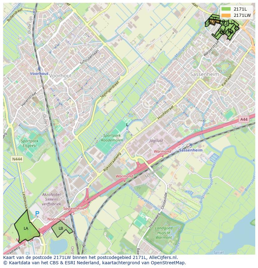 Afbeelding van het postcodegebied 2171 LW op de kaart.