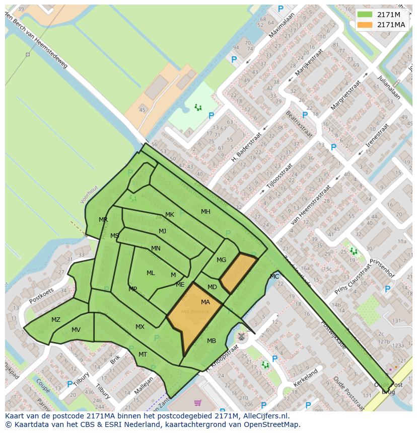 Afbeelding van het postcodegebied 2171 MA op de kaart.