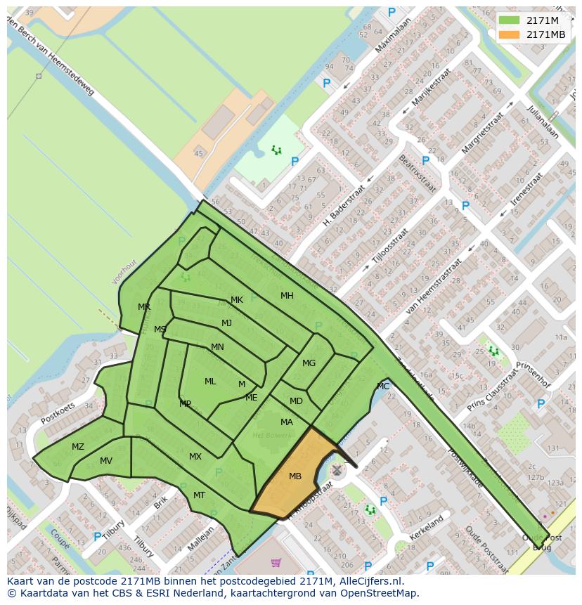 Afbeelding van het postcodegebied 2171 MB op de kaart.