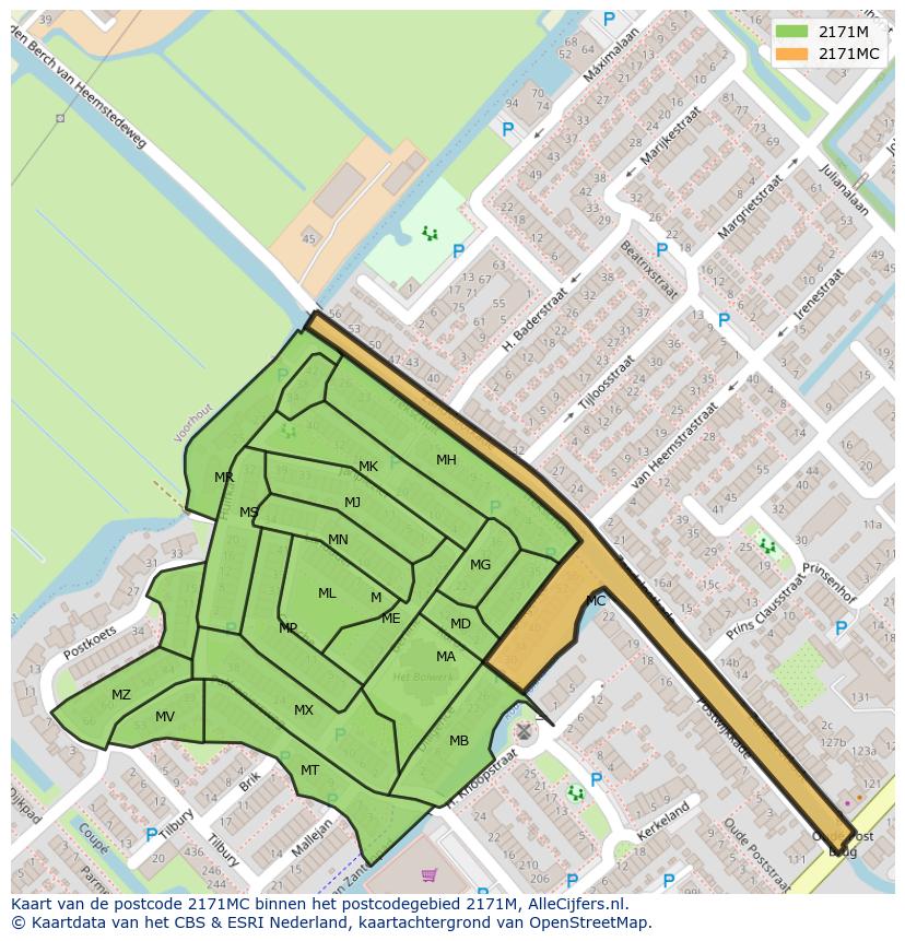 Afbeelding van het postcodegebied 2171 MC op de kaart.