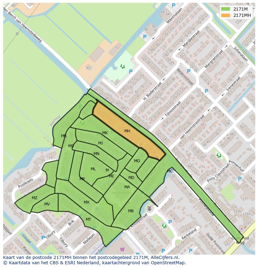 Afbeelding van het postcodegebied 2171 MH op de kaart.