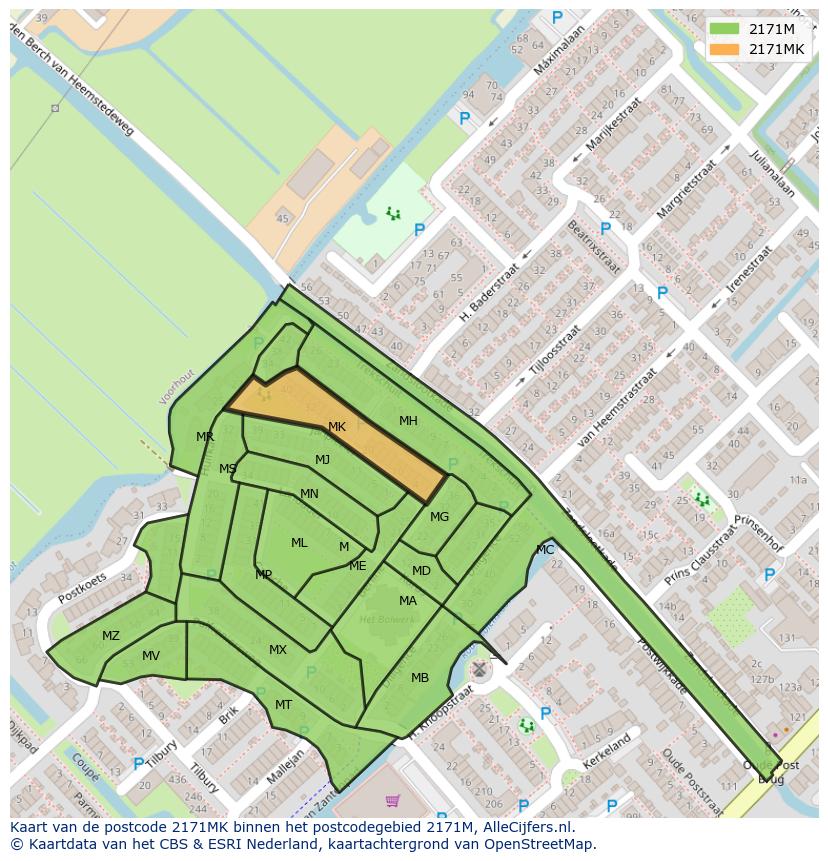 Afbeelding van het postcodegebied 2171 MK op de kaart.