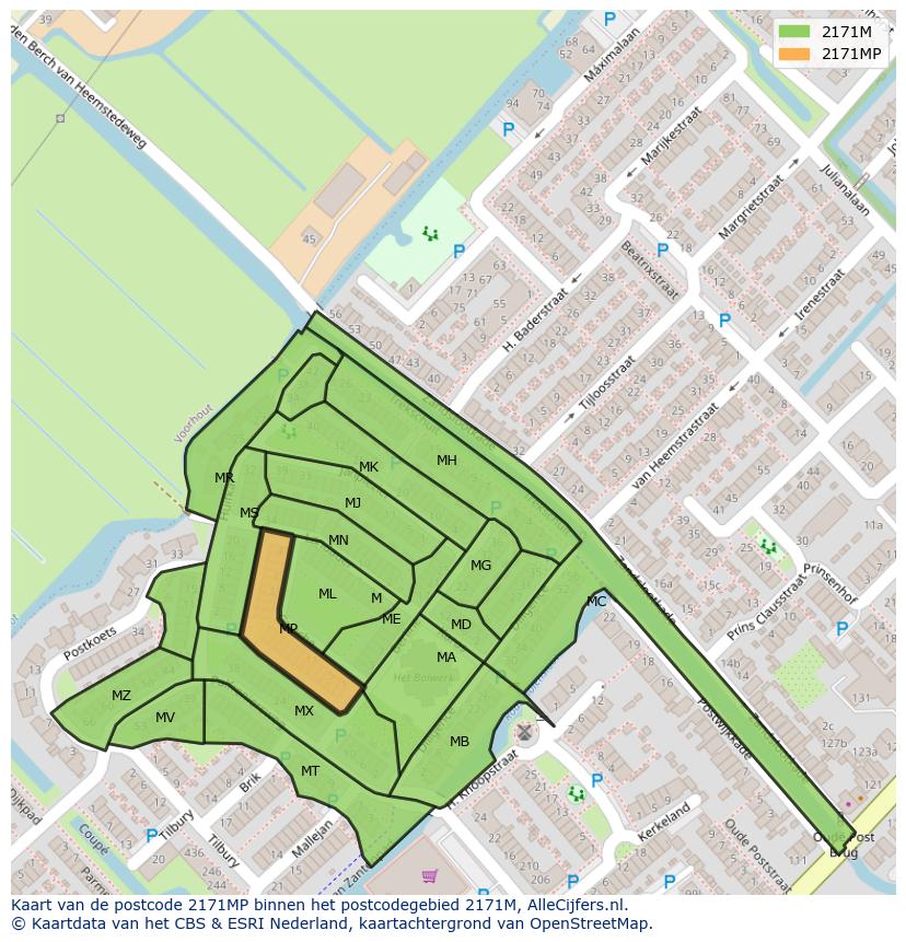 Afbeelding van het postcodegebied 2171 MP op de kaart.