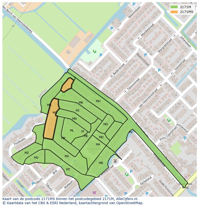 Afbeelding van het postcodegebied 2171 MS op de kaart.