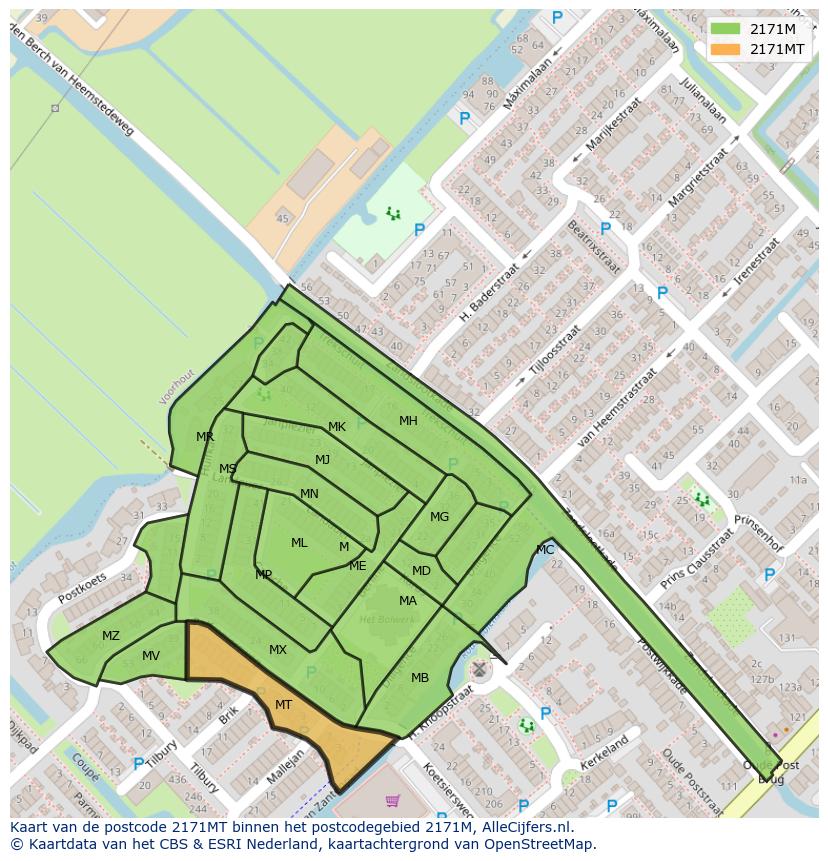 Afbeelding van het postcodegebied 2171 MT op de kaart.