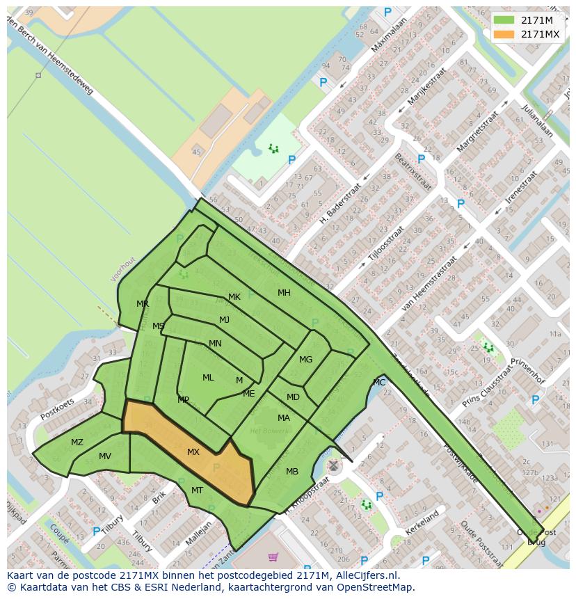 Afbeelding van het postcodegebied 2171 MX op de kaart.