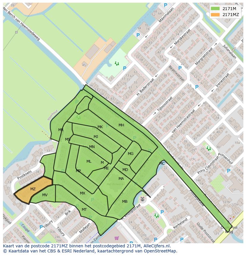 Afbeelding van het postcodegebied 2171 MZ op de kaart.