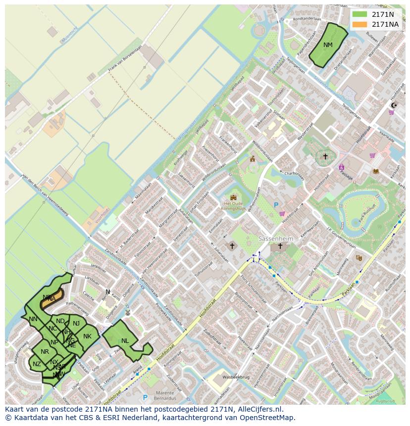 Afbeelding van het postcodegebied 2171 NA op de kaart.