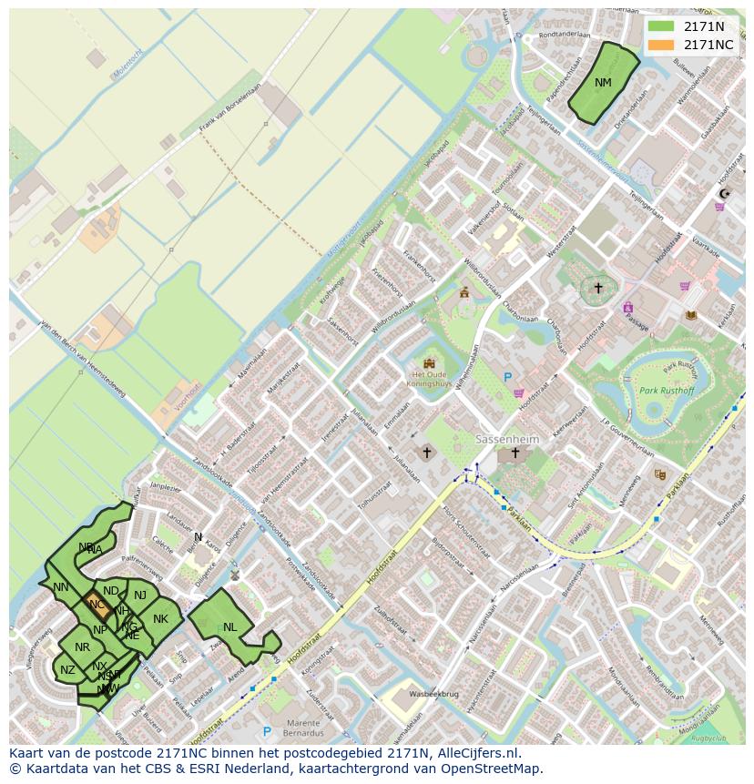 Afbeelding van het postcodegebied 2171 NC op de kaart.