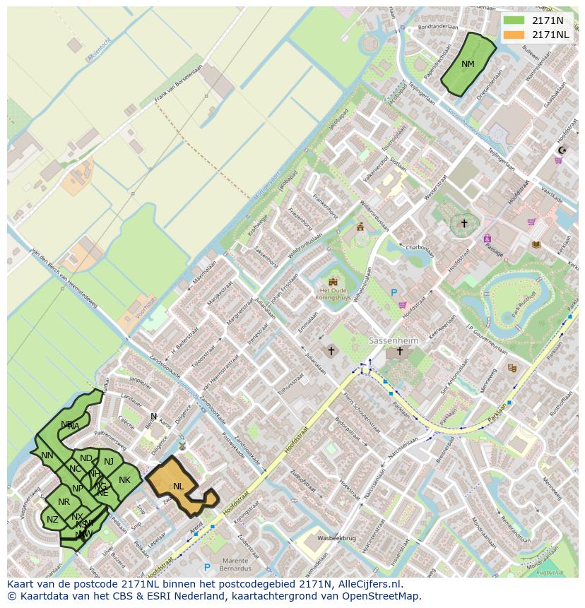 Afbeelding van het postcodegebied 2171 NL op de kaart.
