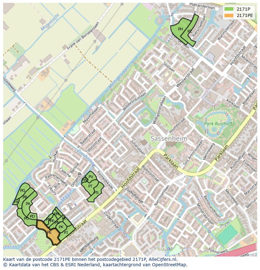 Afbeelding van het postcodegebied 2171 PE op de kaart.