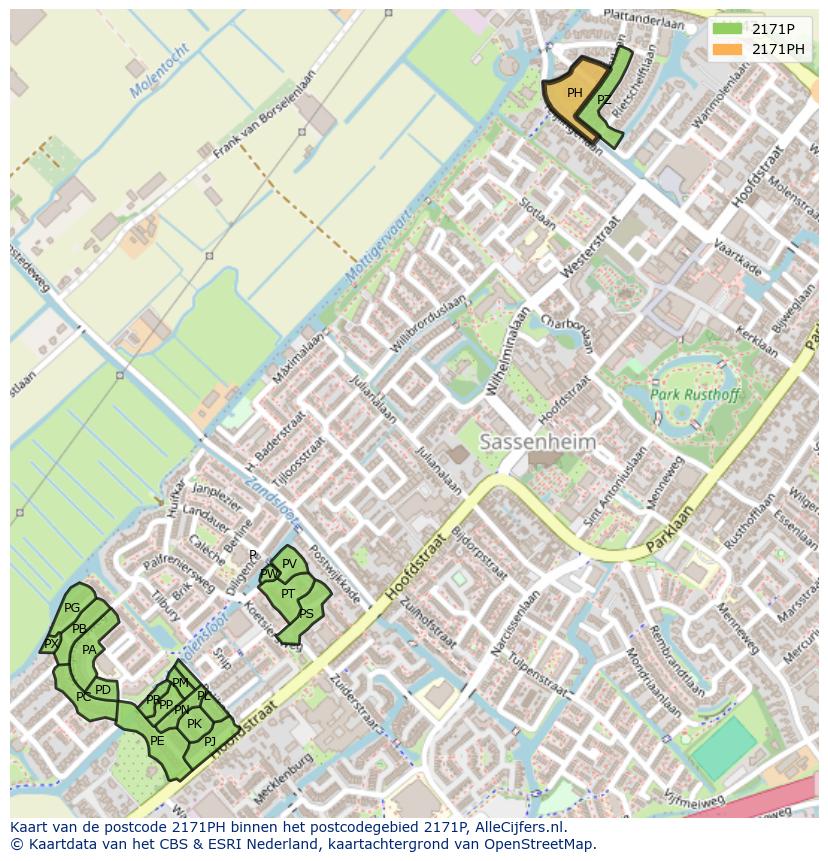 Afbeelding van het postcodegebied 2171 PH op de kaart.