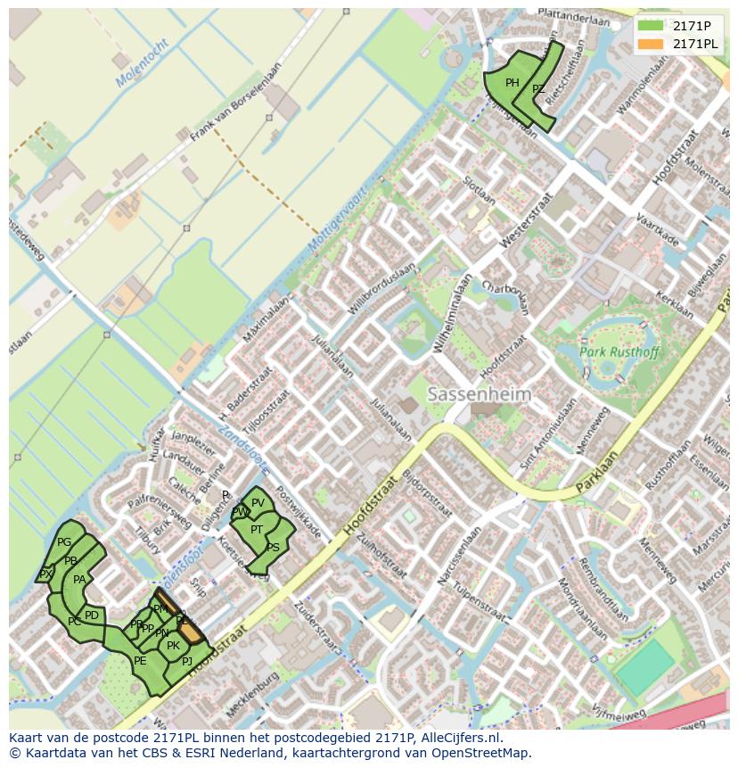 Afbeelding van het postcodegebied 2171 PL op de kaart.