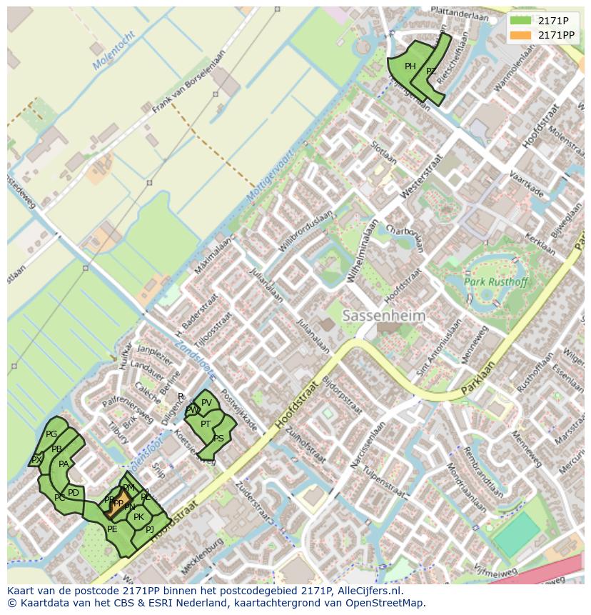 Afbeelding van het postcodegebied 2171 PP op de kaart.