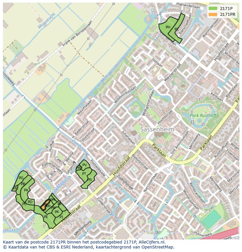 Afbeelding van het postcodegebied 2171 PR op de kaart.
