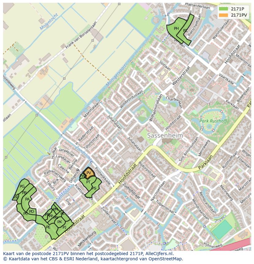 Afbeelding van het postcodegebied 2171 PV op de kaart.