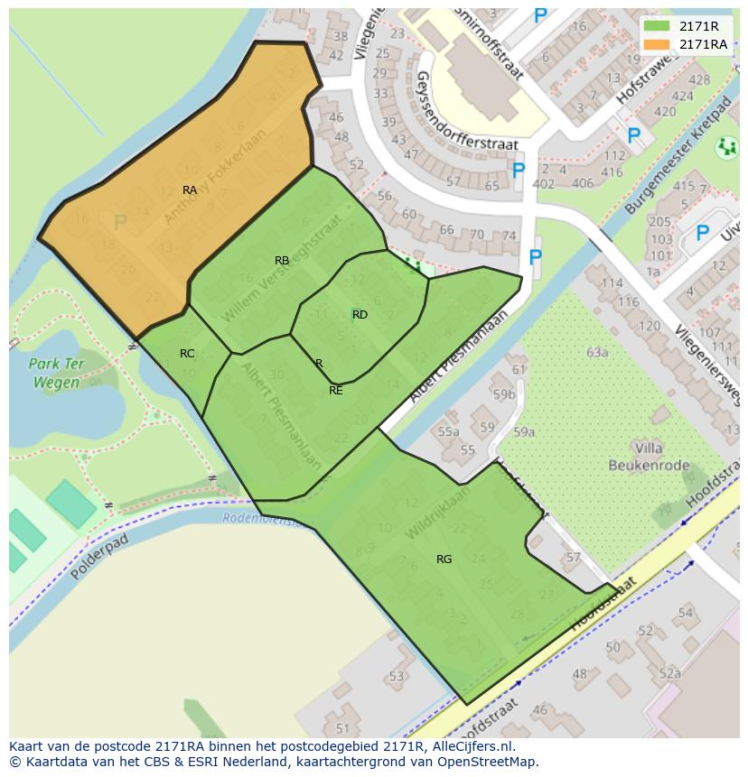 Afbeelding van het postcodegebied 2171 RA op de kaart.