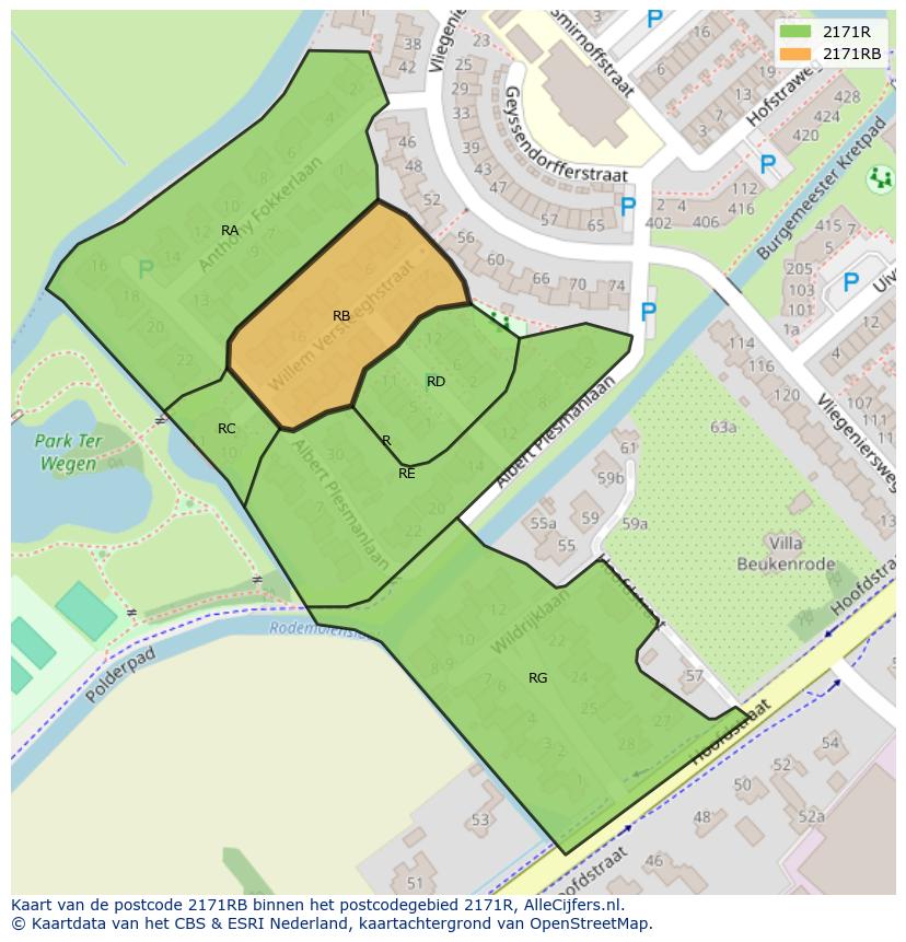 Afbeelding van het postcodegebied 2171 RB op de kaart.