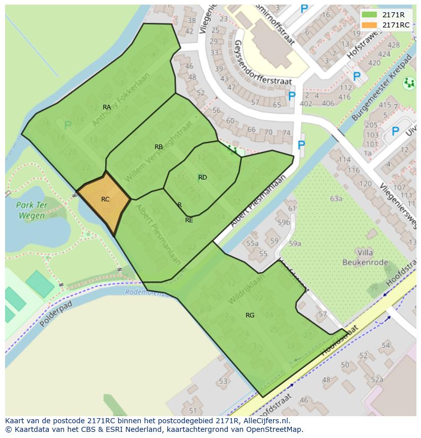 Afbeelding van het postcodegebied 2171 RC op de kaart.