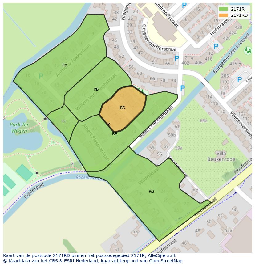 Afbeelding van het postcodegebied 2171 RD op de kaart.