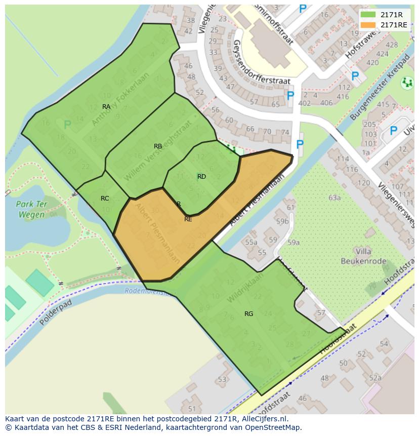 Afbeelding van het postcodegebied 2171 RE op de kaart.