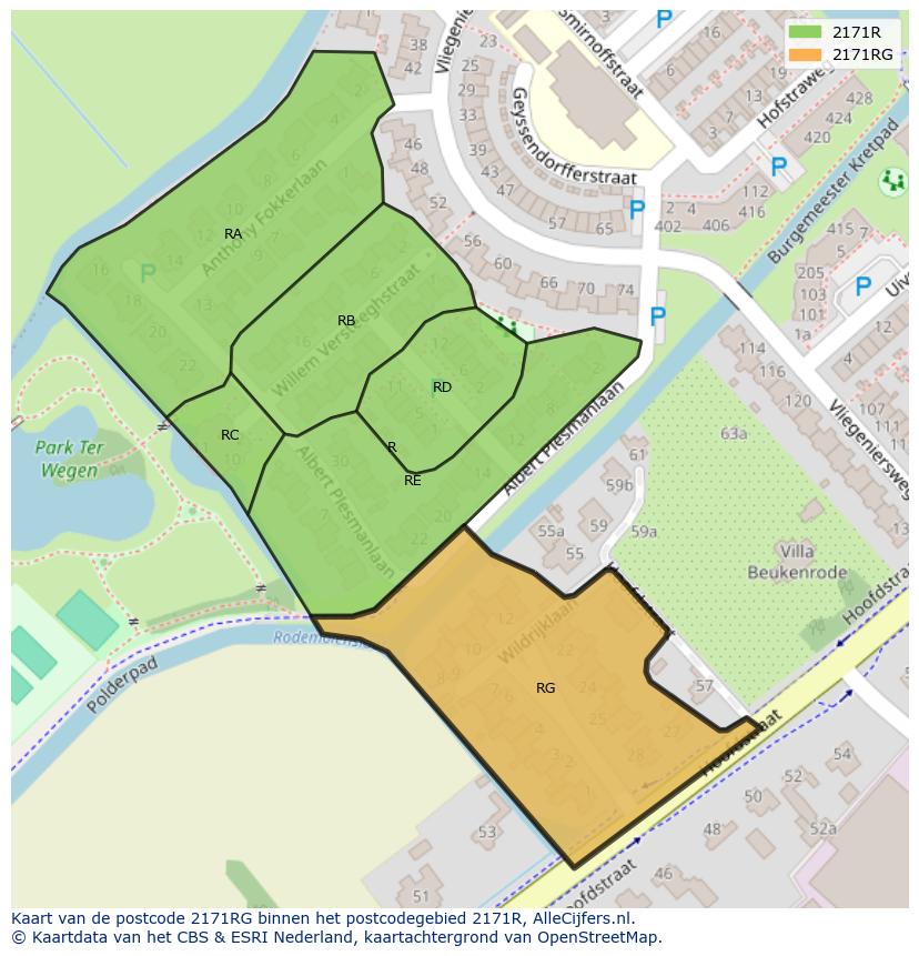 Afbeelding van het postcodegebied 2171 RG op de kaart.