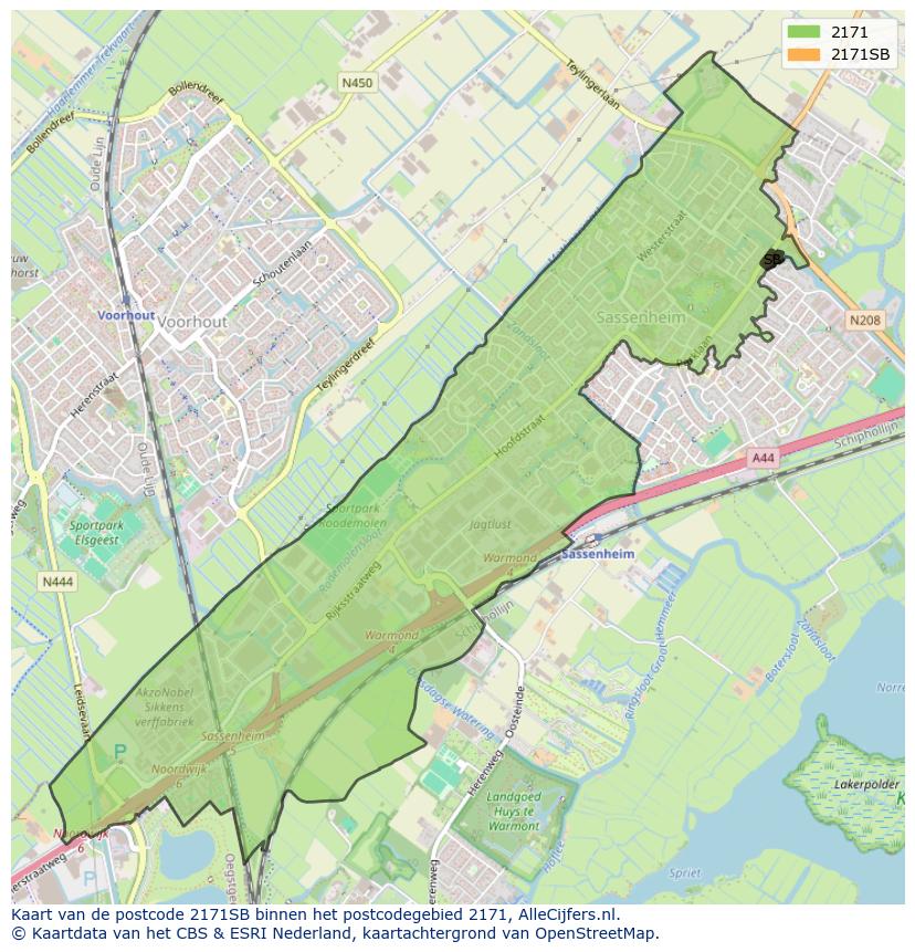 Afbeelding van het postcodegebied 2171 SB op de kaart.