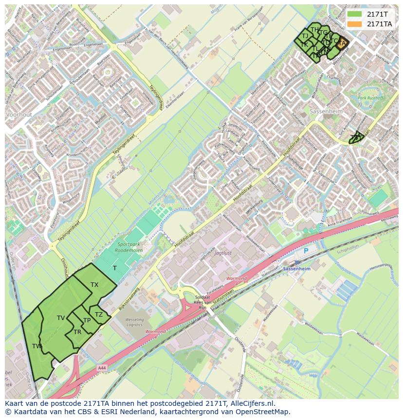 Afbeelding van het postcodegebied 2171 TA op de kaart.