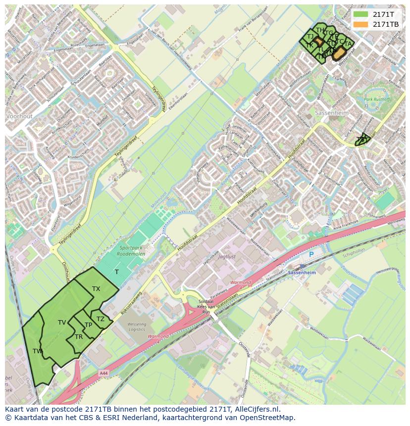 Afbeelding van het postcodegebied 2171 TB op de kaart.