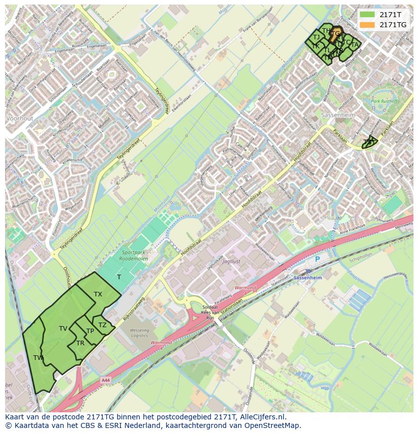 Afbeelding van het postcodegebied 2171 TG op de kaart.