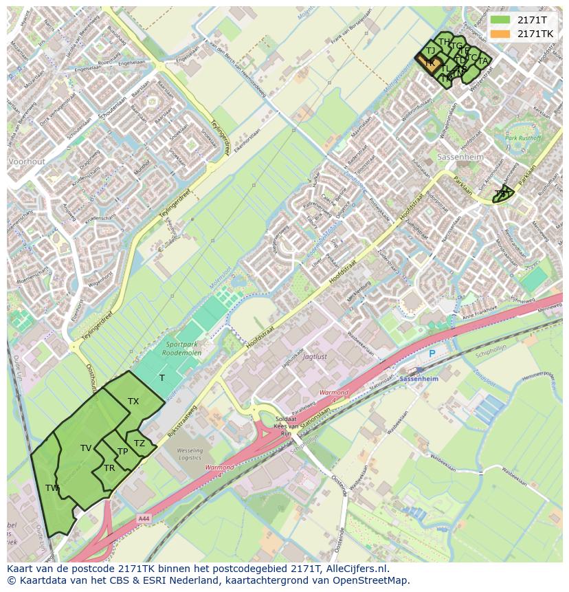 Afbeelding van het postcodegebied 2171 TK op de kaart.