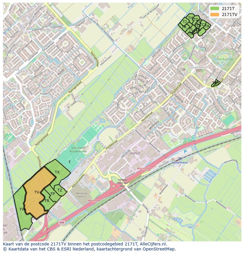 Afbeelding van het postcodegebied 2171 TV op de kaart.