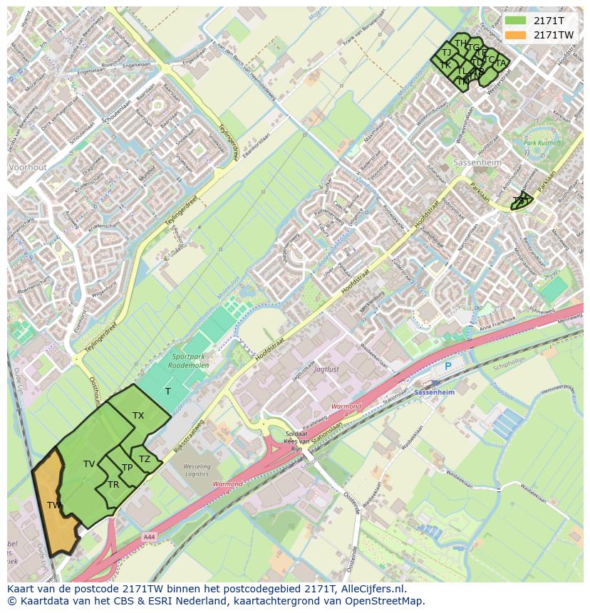 Afbeelding van het postcodegebied 2171 TW op de kaart.