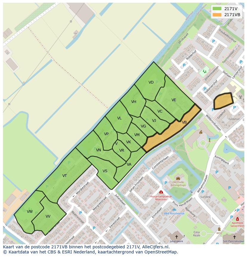 Afbeelding van het postcodegebied 2171 VB op de kaart.