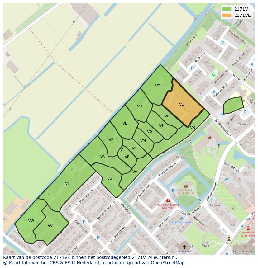 Afbeelding van het postcodegebied 2171 VE op de kaart.