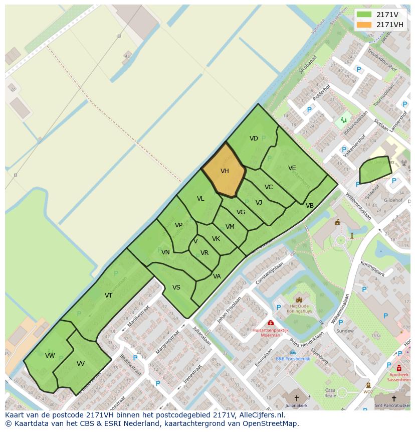 Afbeelding van het postcodegebied 2171 VH op de kaart.