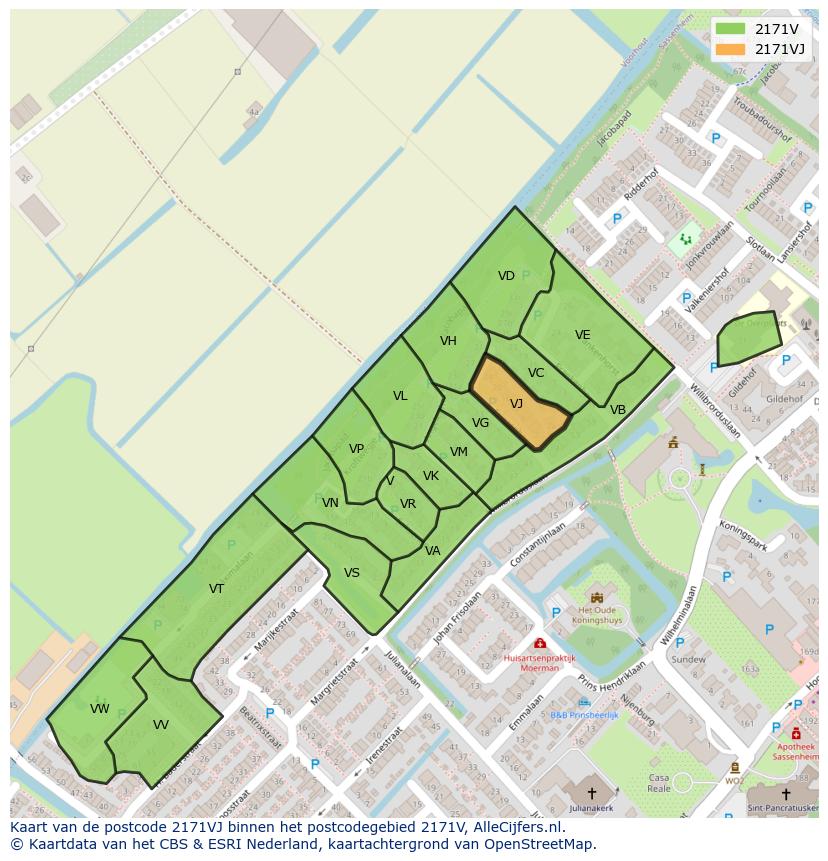 Afbeelding van het postcodegebied 2171 VJ op de kaart.