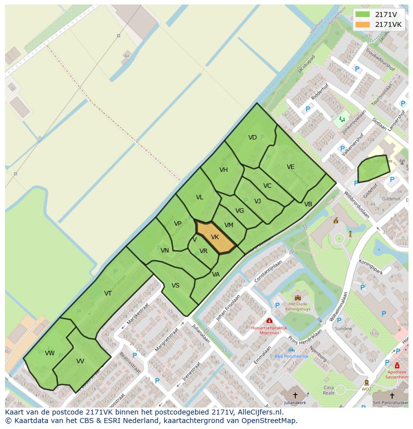 Afbeelding van het postcodegebied 2171 VK op de kaart.