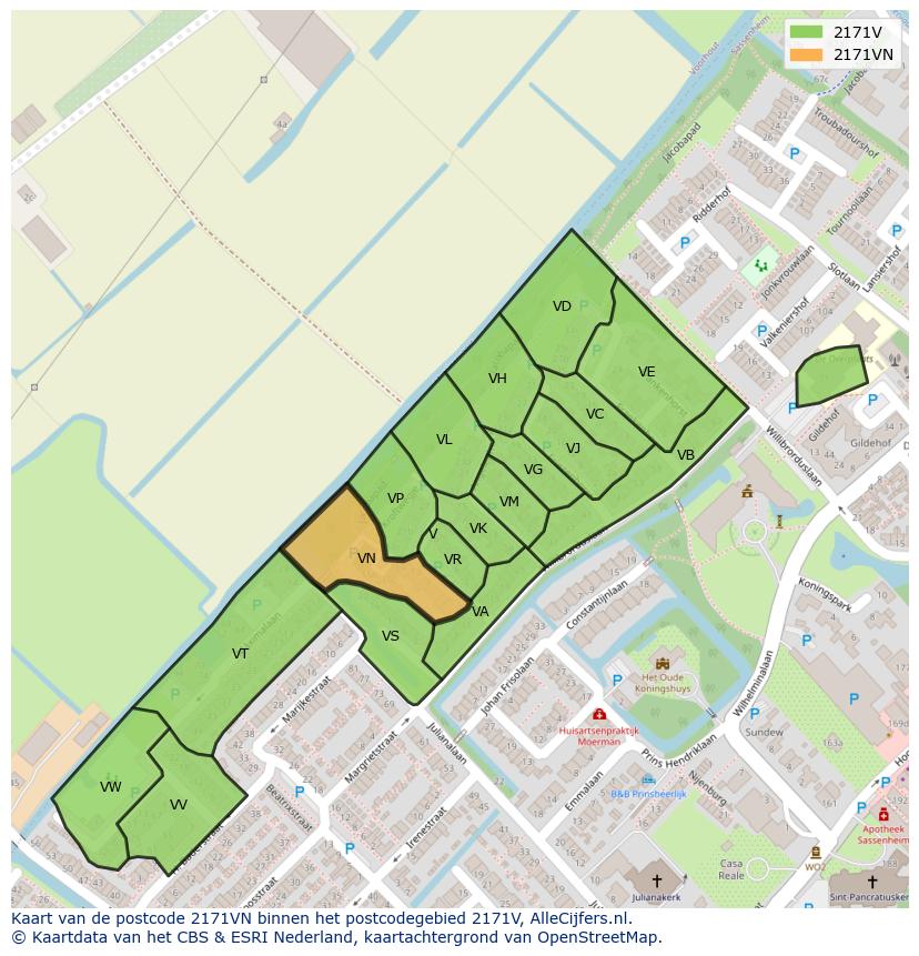 Afbeelding van het postcodegebied 2171 VN op de kaart.
