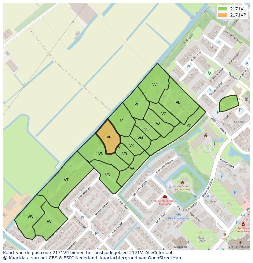 Afbeelding van het postcodegebied 2171 VP op de kaart.
