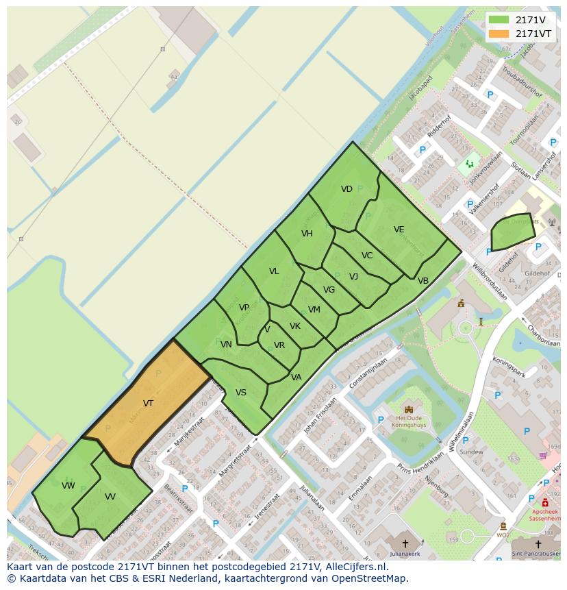 Afbeelding van het postcodegebied 2171 VT op de kaart.