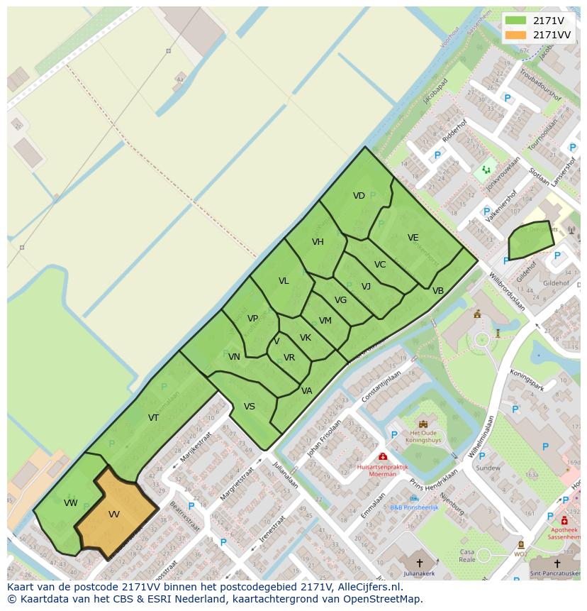 Afbeelding van het postcodegebied 2171 VV op de kaart.