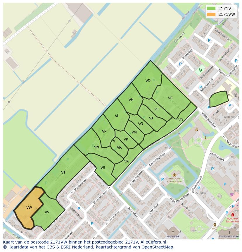 Afbeelding van het postcodegebied 2171 VW op de kaart.