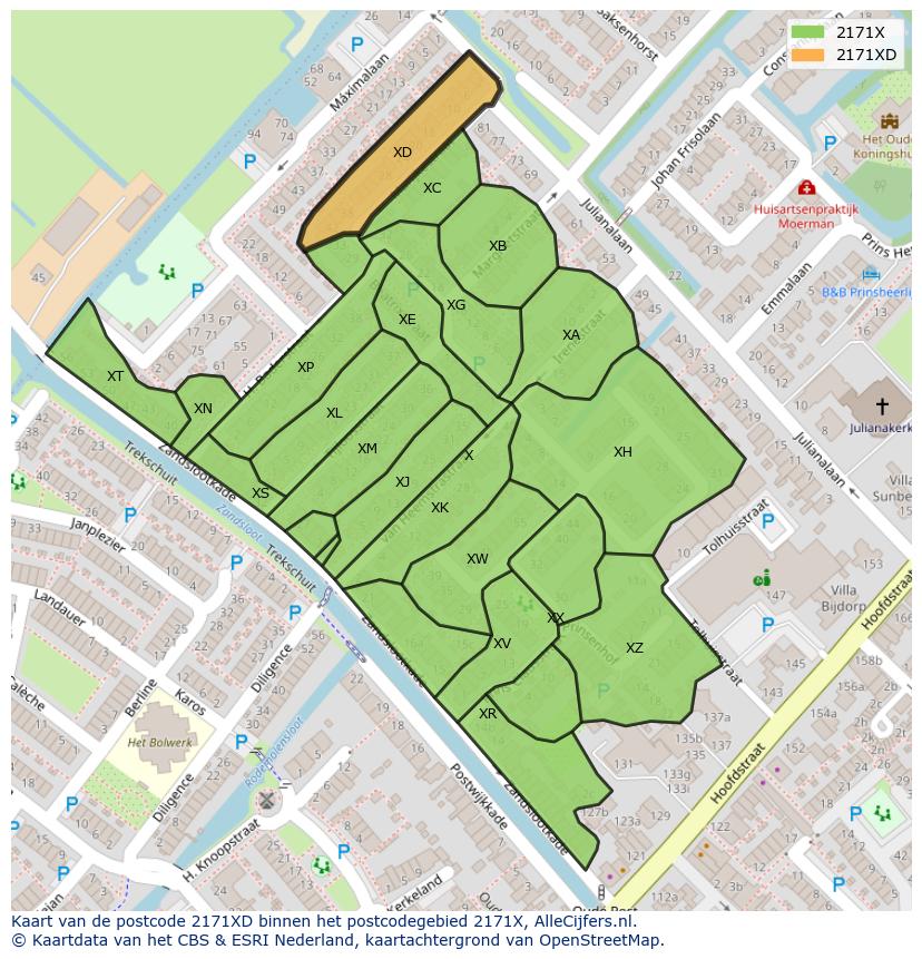 Afbeelding van het postcodegebied 2171 XD op de kaart.