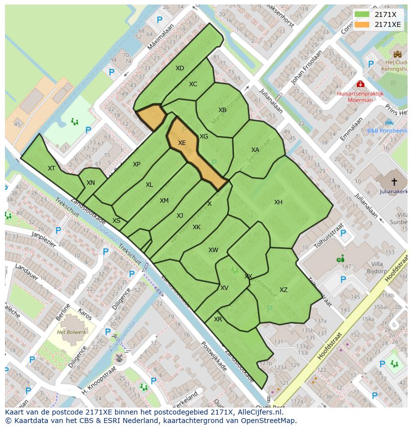 Afbeelding van het postcodegebied 2171 XE op de kaart.